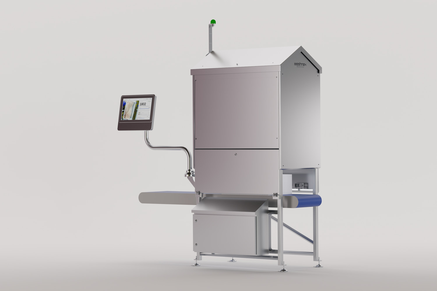 The MeatVision station over a conveyor: closed hood with lighting, a white meat crate passing underneath