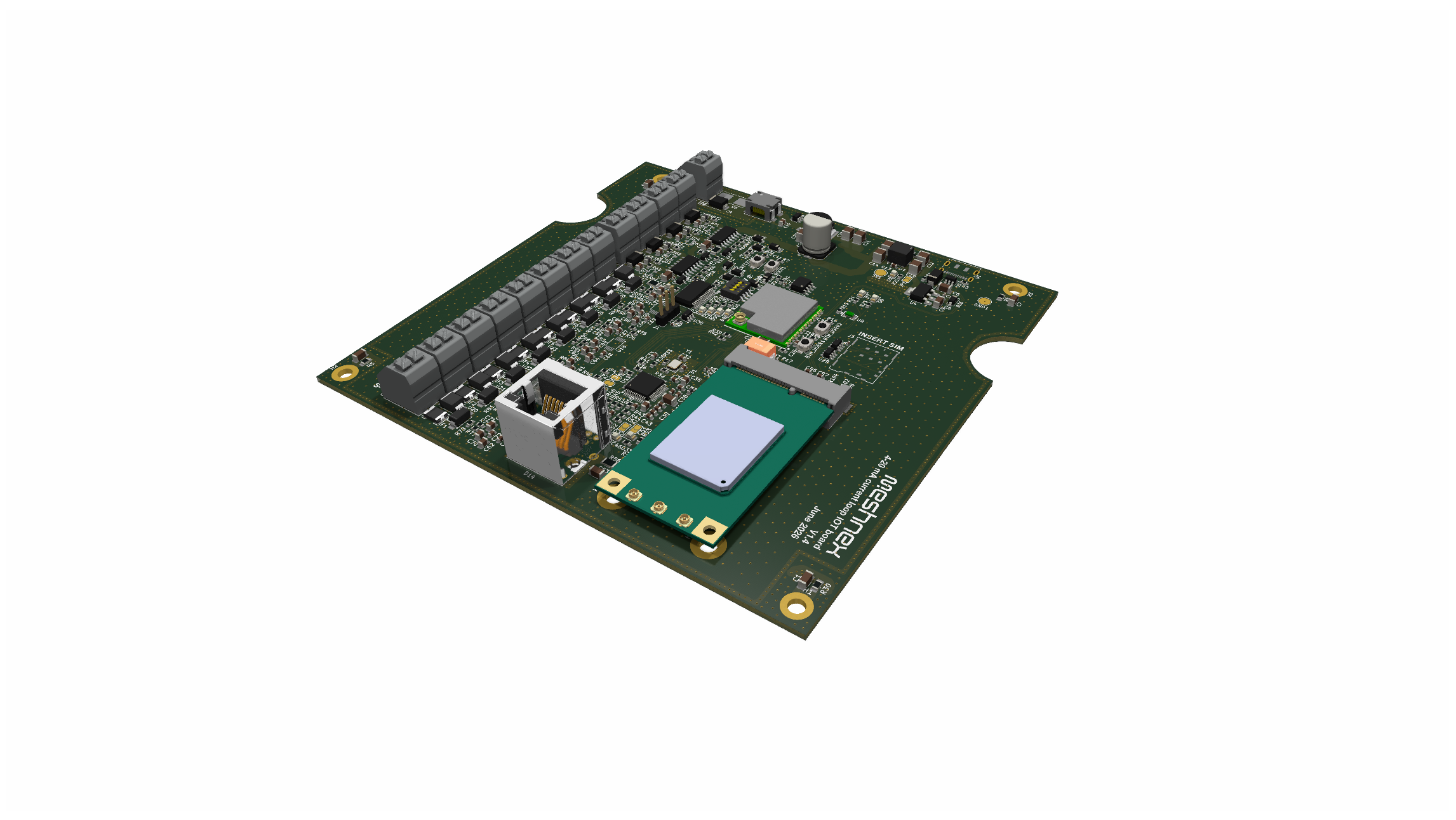 IoT circuit board designed by Meshnex with 4-20 mA inputs, ethernet and a cellular modem, ready for production
